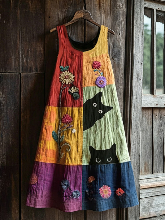 Damen-Retro-Midi-Kleid mit Blumen- und Tiermuster, ärmellos