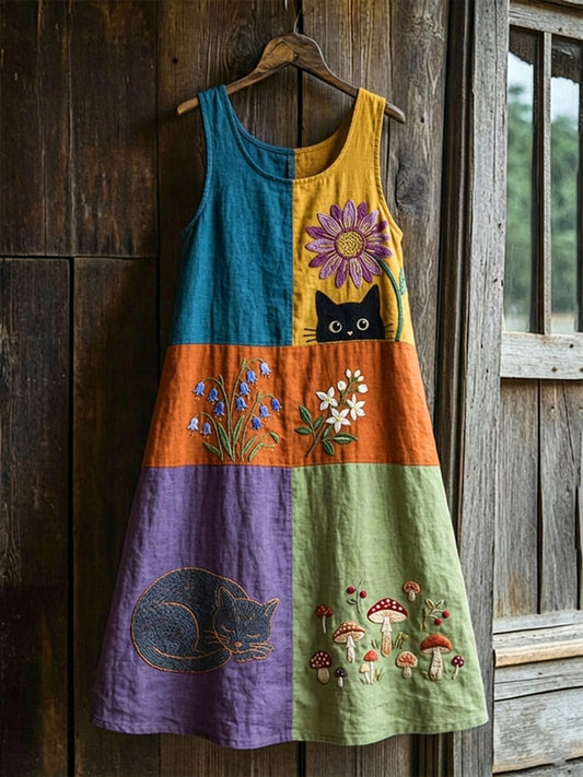 Damen-Retro-Midi-Kleid mit Blumen- und Tiermuster, ärmellos