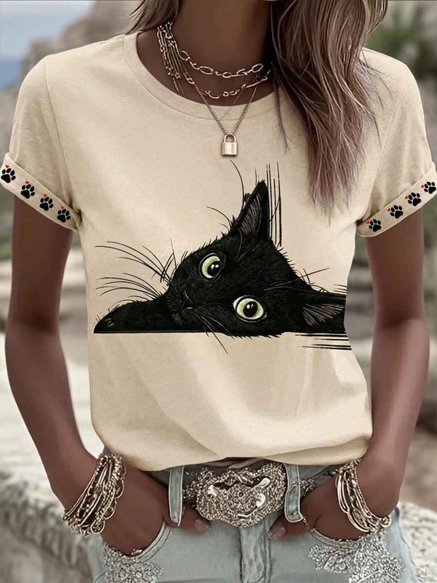 Damen Schwarz Katze Kunst Grafik Lässiges Kurzarm-T-Shirt