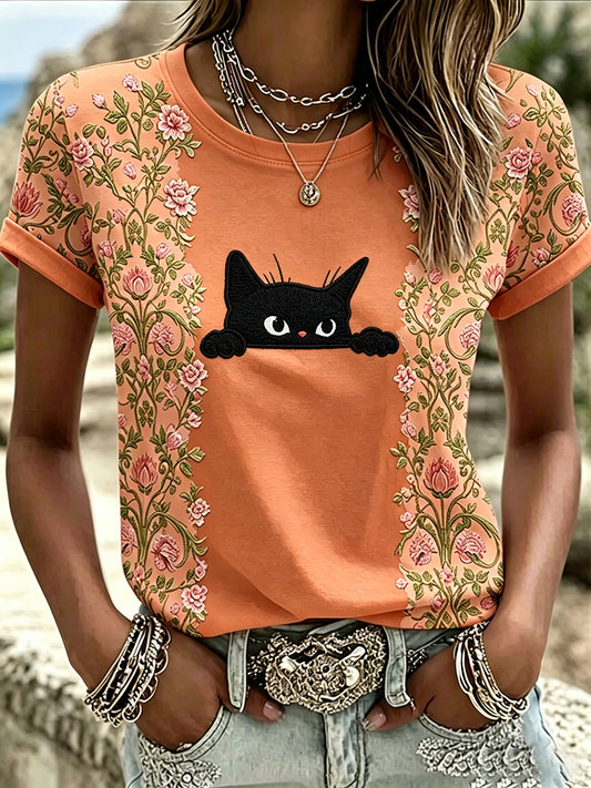 Damen-T-Shirt in Schwarz mit Katzen- und Blumenmotiv, lässig, kurze Ärmel