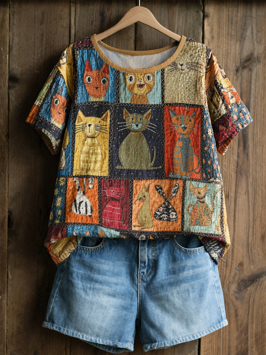 Damen-Retro-Hemd mit Katzenmuster, lässig