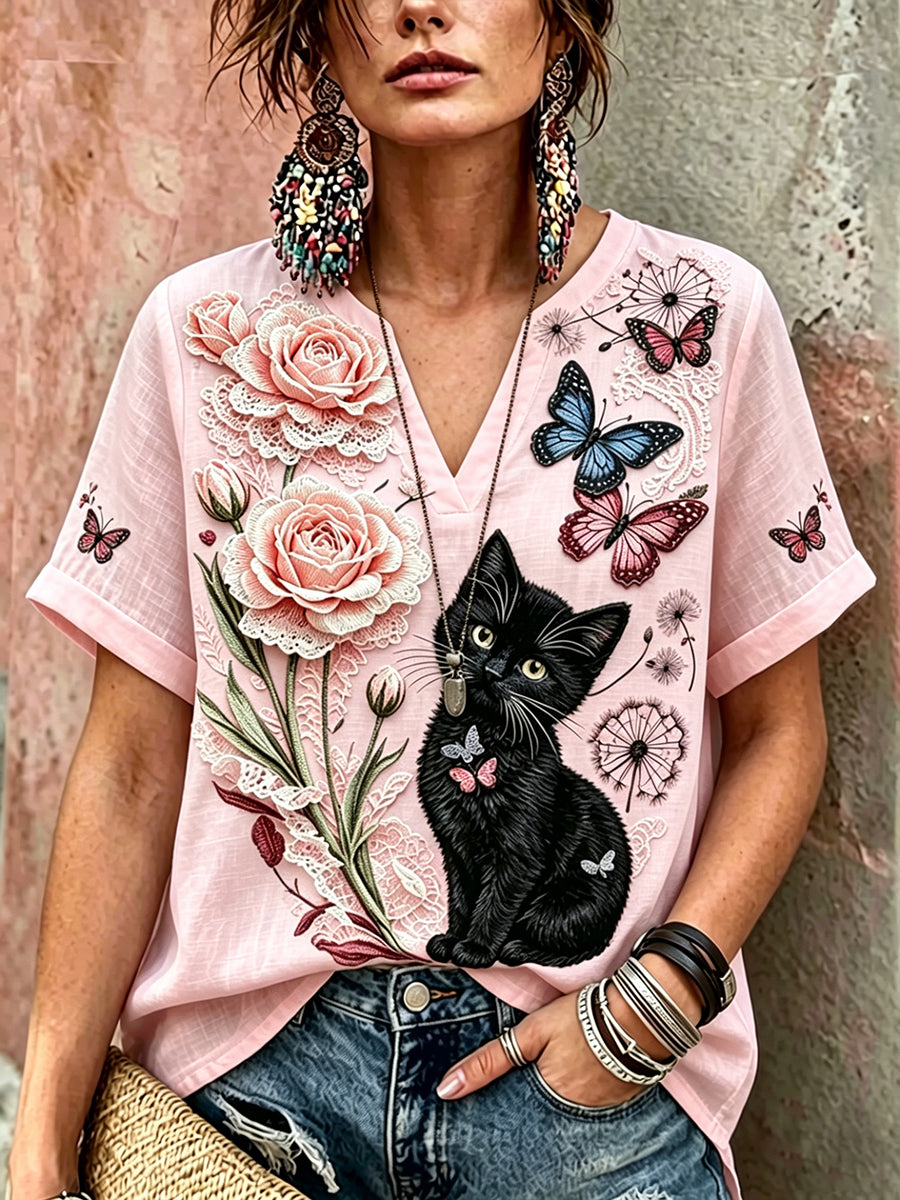 Damen Schwarz Katze mit Blumen Freizeit Leinen Kurzarm-Shirt