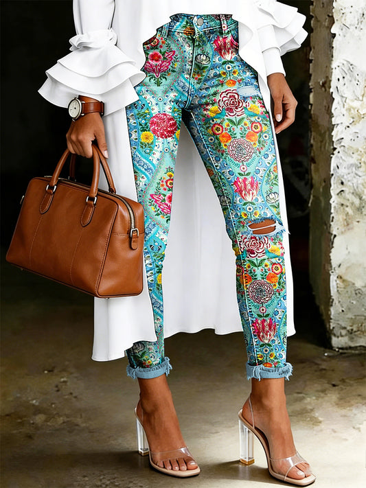 Damen-Jeans mit artistischem Blumenmuster