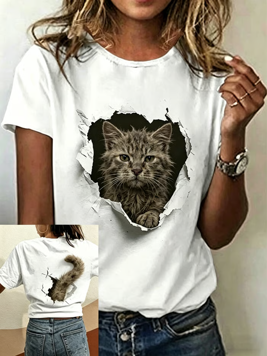 Damen-T-Shirt mit Katzenmuster und kurzen Ärmeln