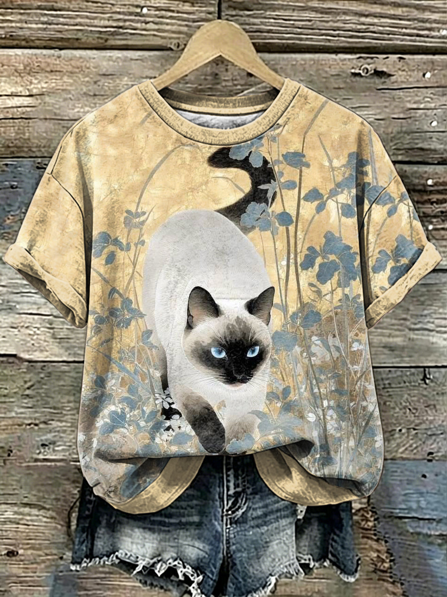 Damen-T-Shirt mit Katzenkunst-Print und kurzen Ärmeln