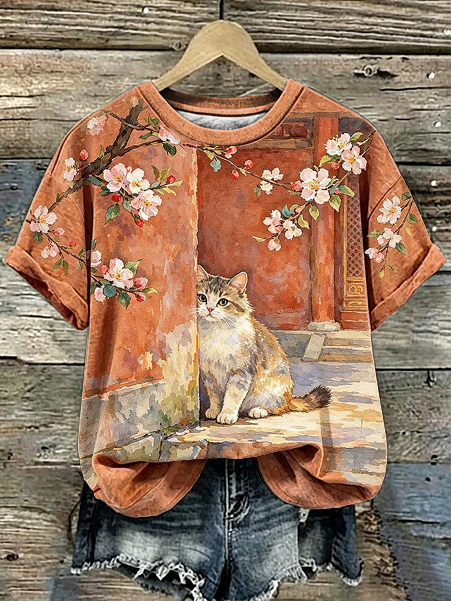 Damen-T-Shirt mit Katzenkunst-Print und kurzen Ärmeln