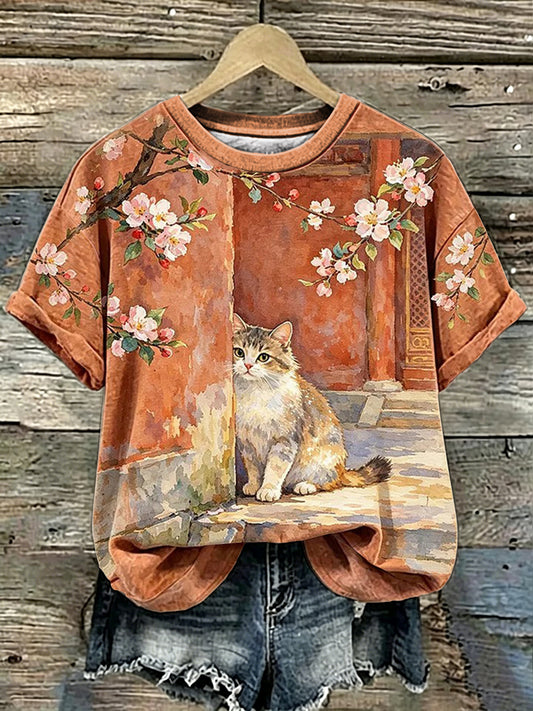 Damen-T-Shirt mit Katzenkunst-Print und kurzen Ärmeln