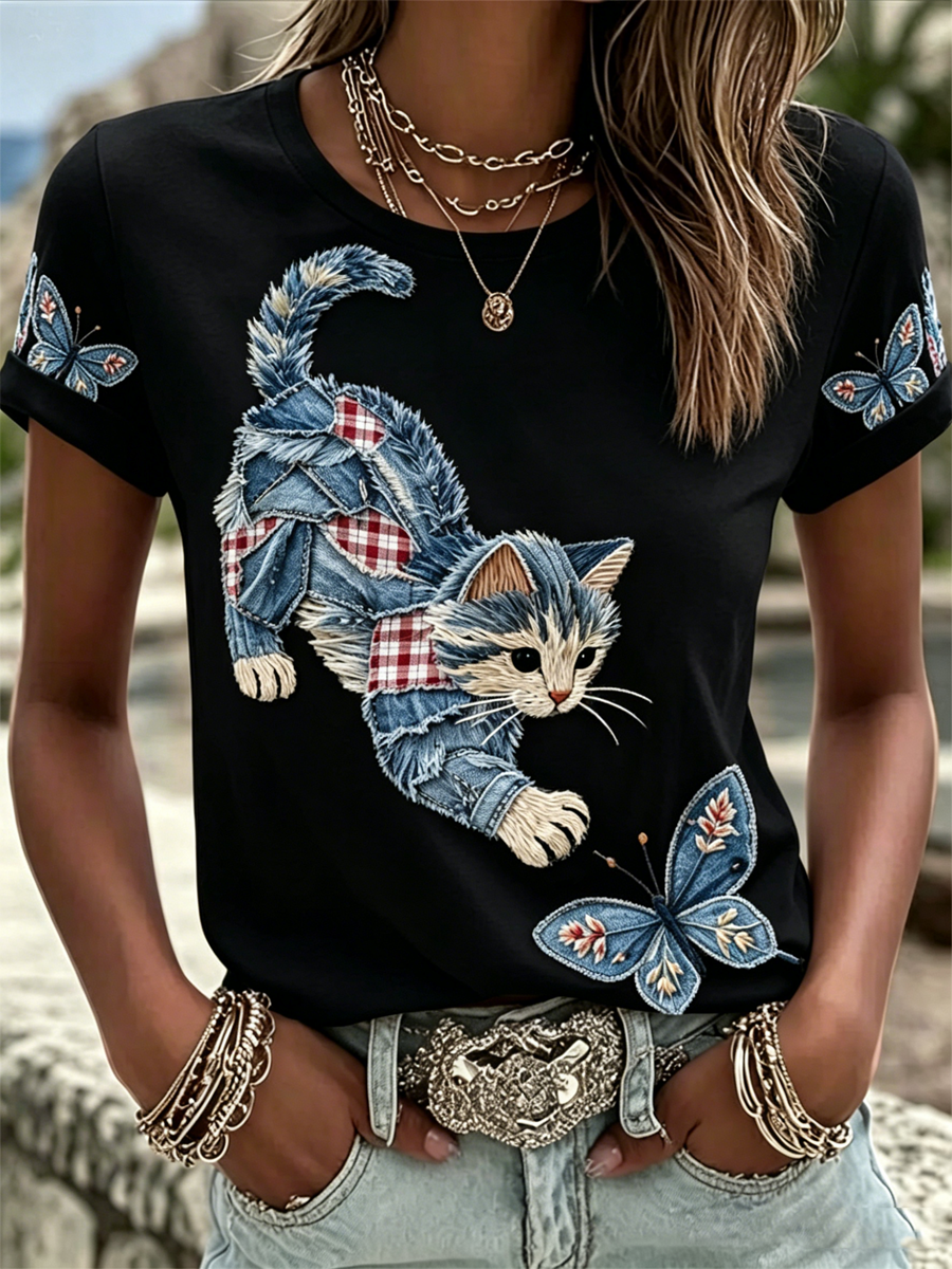 Kurz ärmel iges T-Shirt mit Katzen druck für Damen