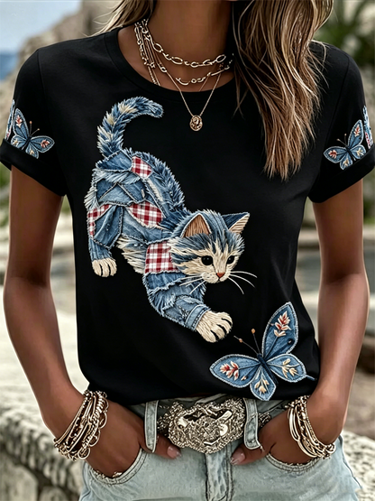 Kurz ärmel iges T-Shirt mit Katzen druck für Damen