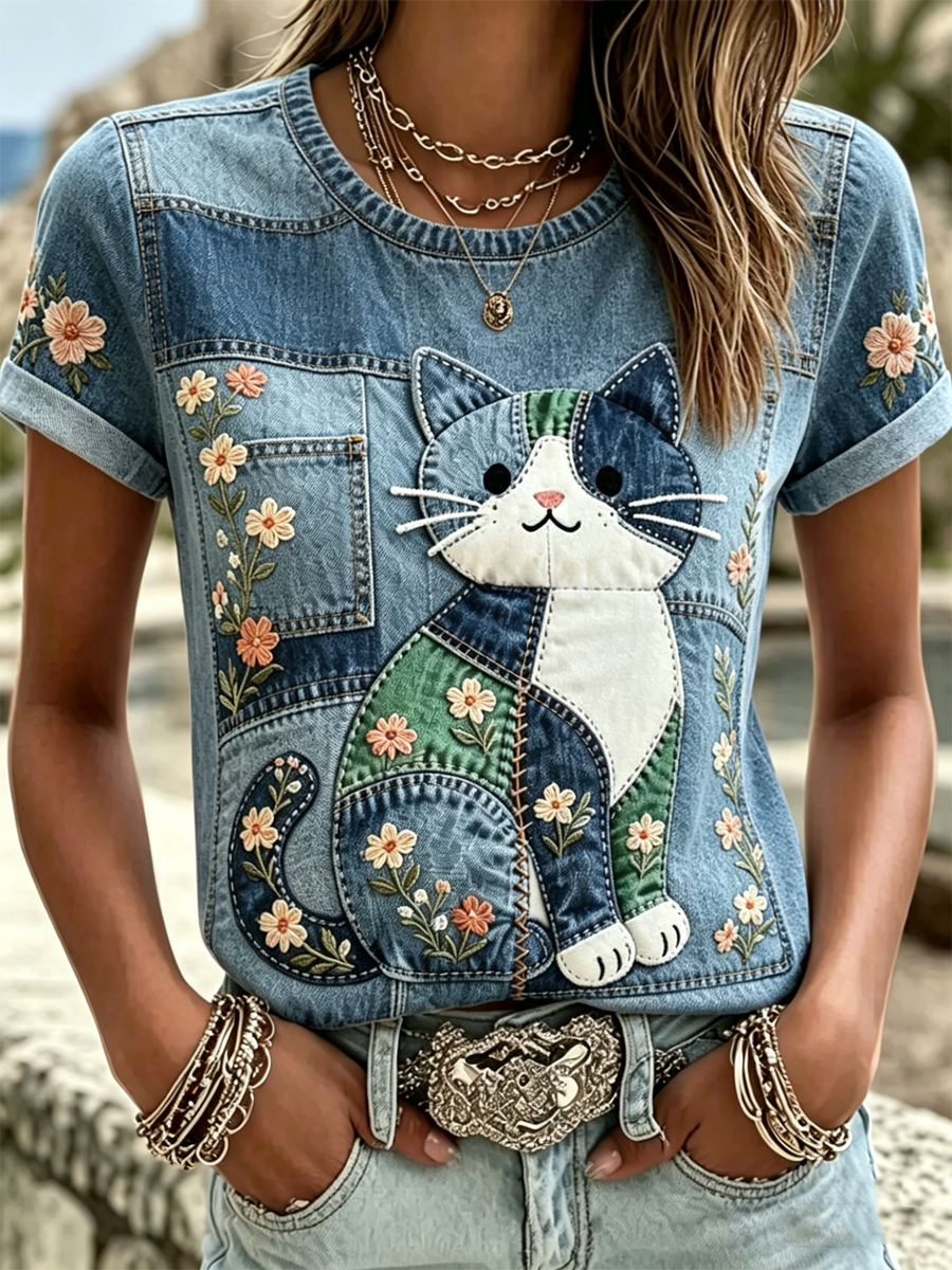 Damen-T-Shirt mit Katzenmuster und kurzen Ärmeln