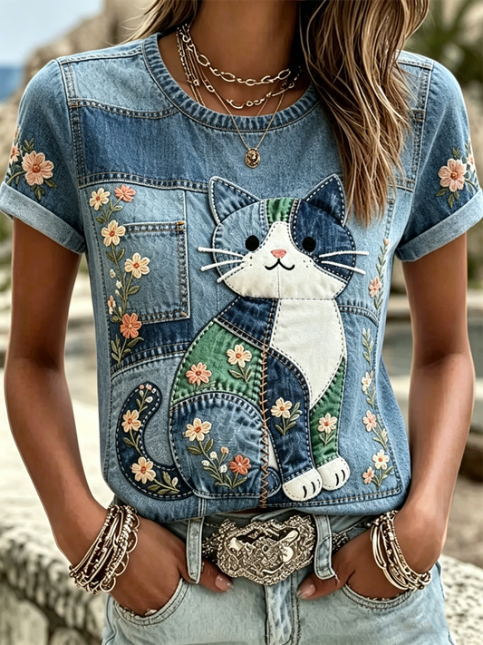 Damen-T-Shirt mit Katzenmuster und kurzen Ärmeln