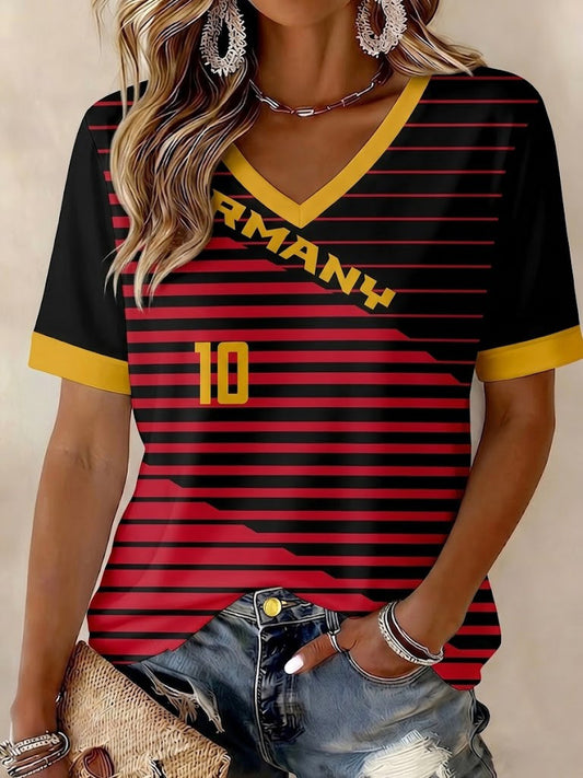 Damen-Fußball-T-Shirt aus Deutschland mit V-Ausschnitt und Print