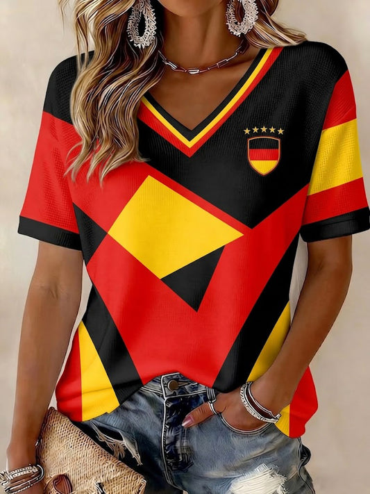 Damen-Fußball-T-Shirt aus Deutschland mit V-Ausschnitt und Print