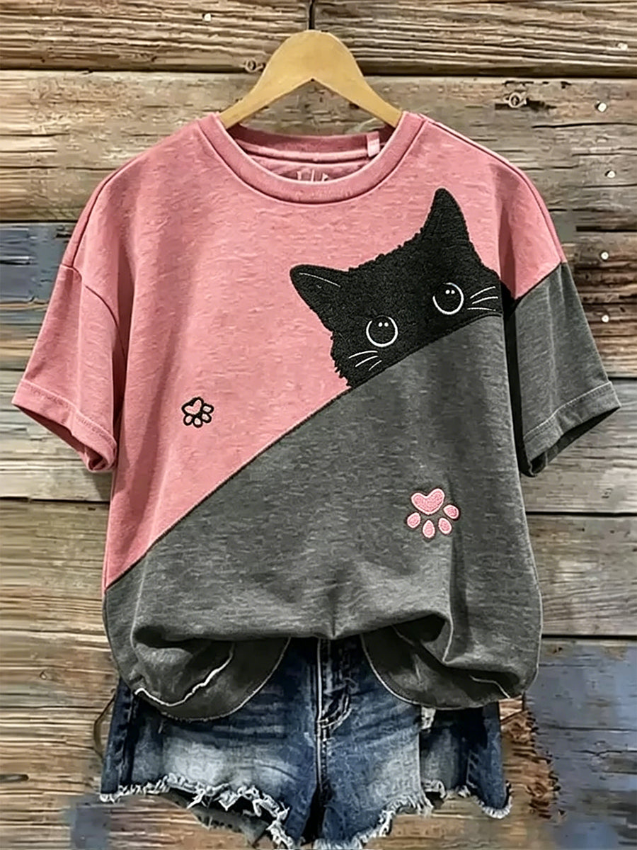 Damen süßes Blumenkatzen-Kurzarm-T-Shirt