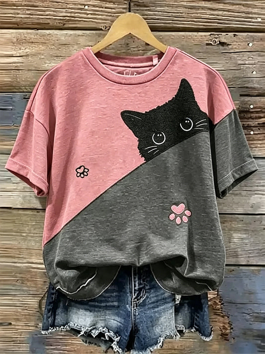 Damen süßes Blumenkatzen-Kurzarm-T-Shirt