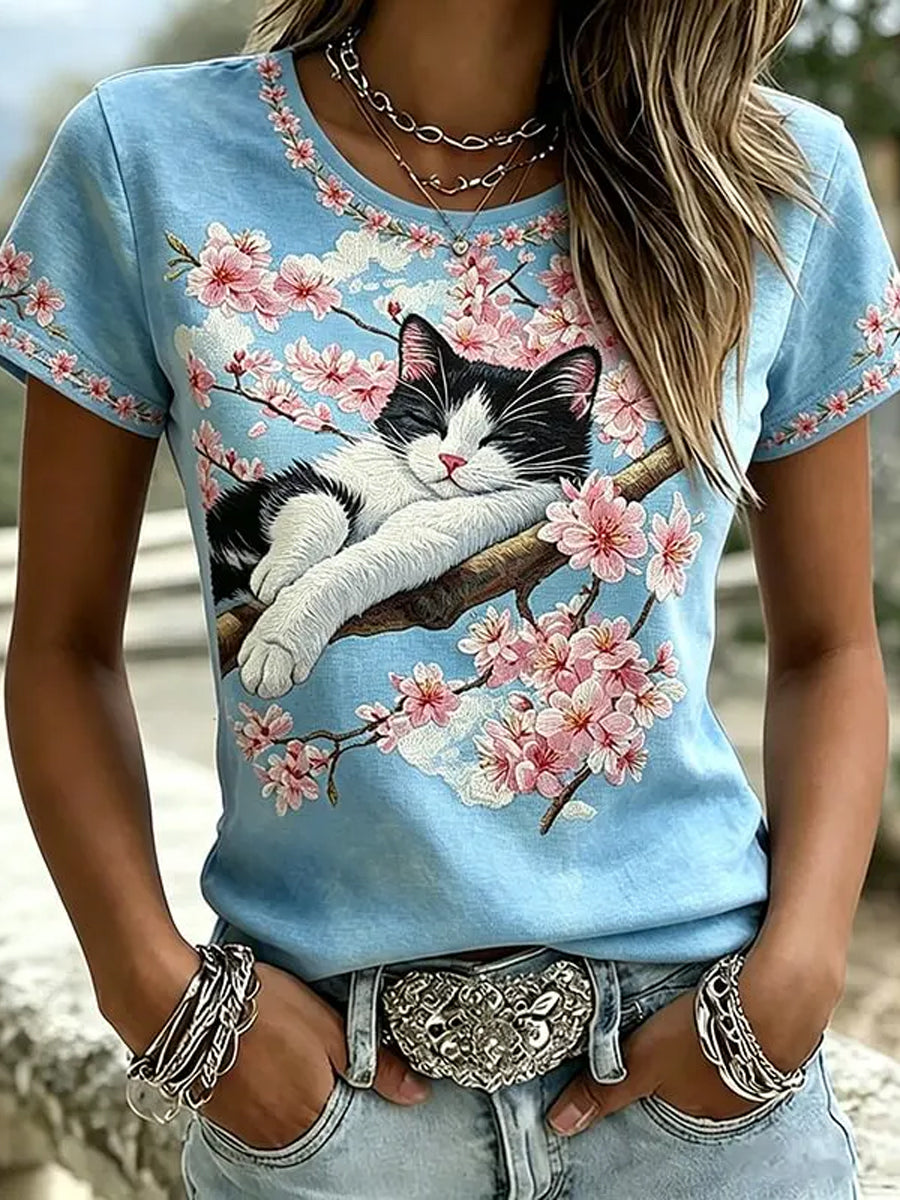 Damen süßes Blumenkatzen-Kurzarm-T-Shirt