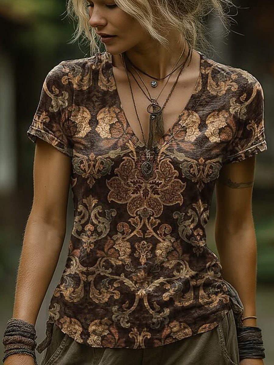Westliche Blumen bedrucktes Vintage-Mode lockeres Kurzarm-T-Shirt
