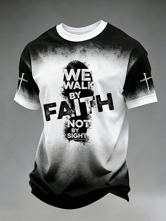 Herren-T-Shirt mit Aufdruck: „Wir wandeln im Glauben, nicht im Sehen“