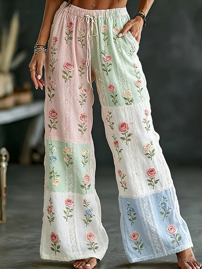 Damen Vintage Blumenkunstdruck Freizeithose aus Baumwolle-Leinen