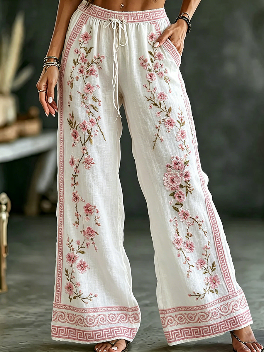 Damen-Vintage-Blumen-Kunstdruck-lässige Baumwoll-Leinen-Hosen