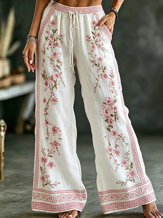 Damen-Vintage-Blumen-Kunstdruck-lässige Baumwoll-Leinen-Hosen