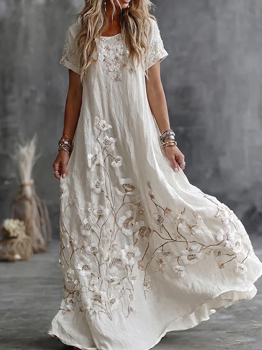 Damen-Boho-Floralstickerei Kunst Rundhalsausschnitt Kurzarm-Midi-Kleid