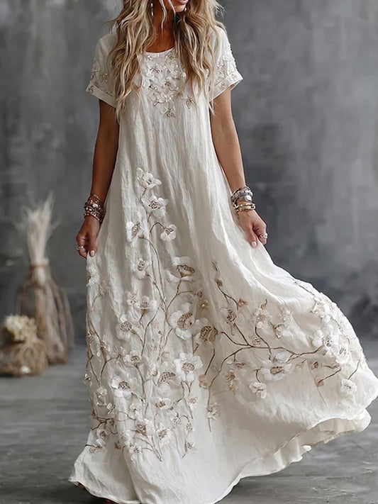 Damen-Boho-Floralstickerei Kunst Rundhalsausschnitt Kurzarm-Midi-Kleid