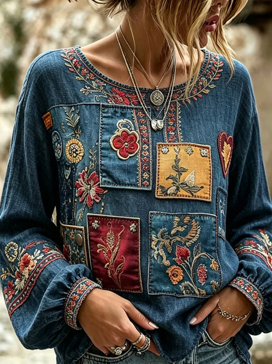 Damen-Top im Vintage-Stil mit floraler Kunstprint-Optik, aus Baumwolle und Leinen, lässig