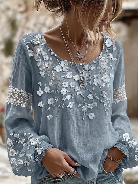 Damen-Top im Vintage-Stil mit floraler Kunstprint-Optik, aus Baumwolle und Leinen, lässig