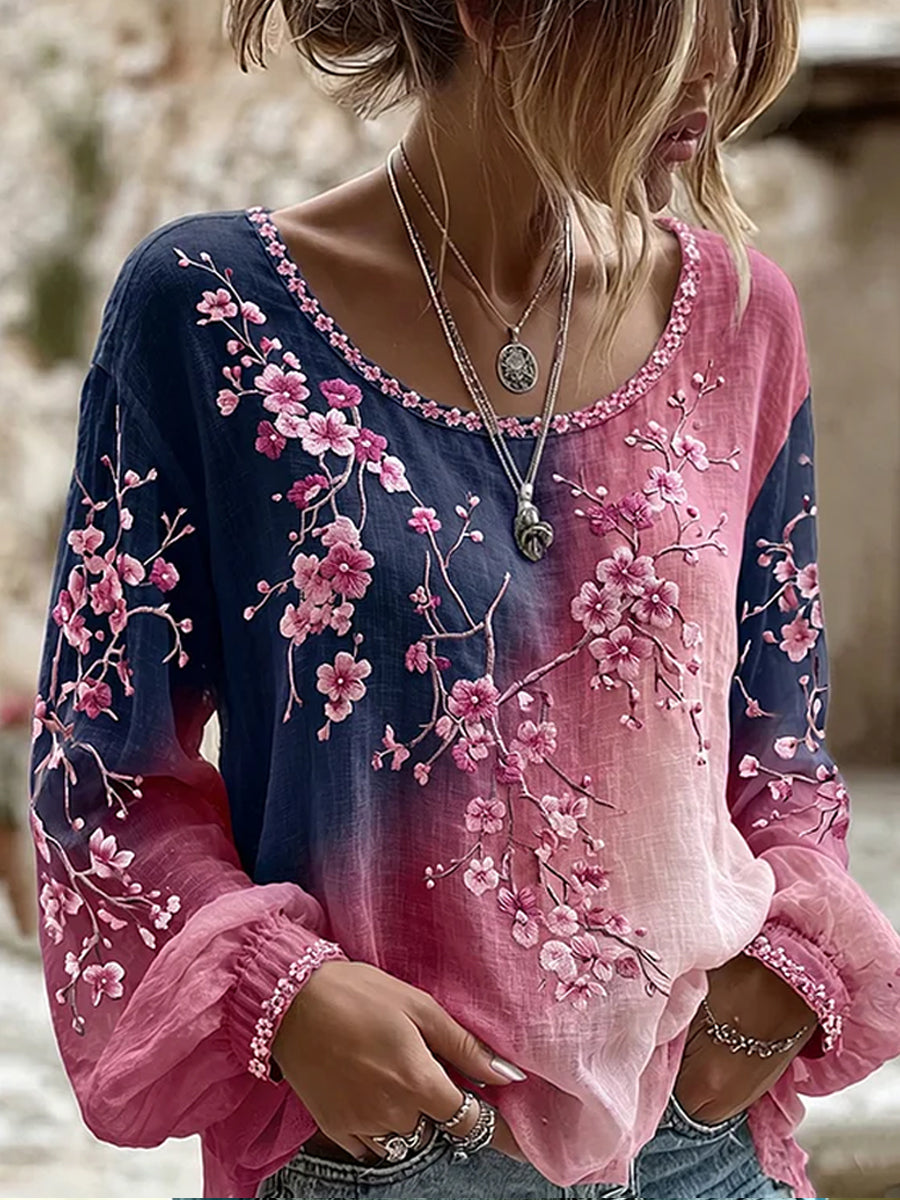 Damen-Top im Vintage-Stil mit floraler Kunstprint-Optik, aus Baumwolle und Leinen, lässig