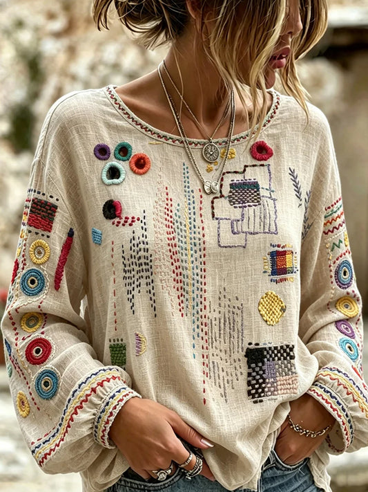 Damen-Top im Vintage-Stil mit floraler Kunstprint-Optik, aus Baumwolle und Leinen, lässig
