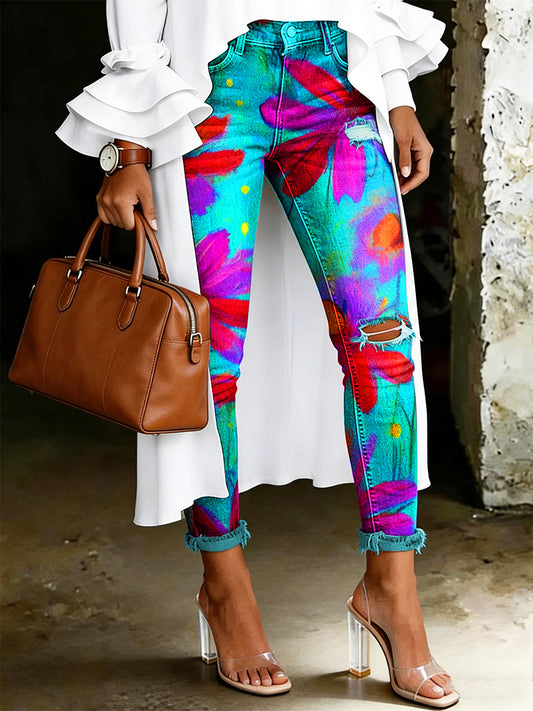 Damen-Jeans mit artistischem Blumenmuster