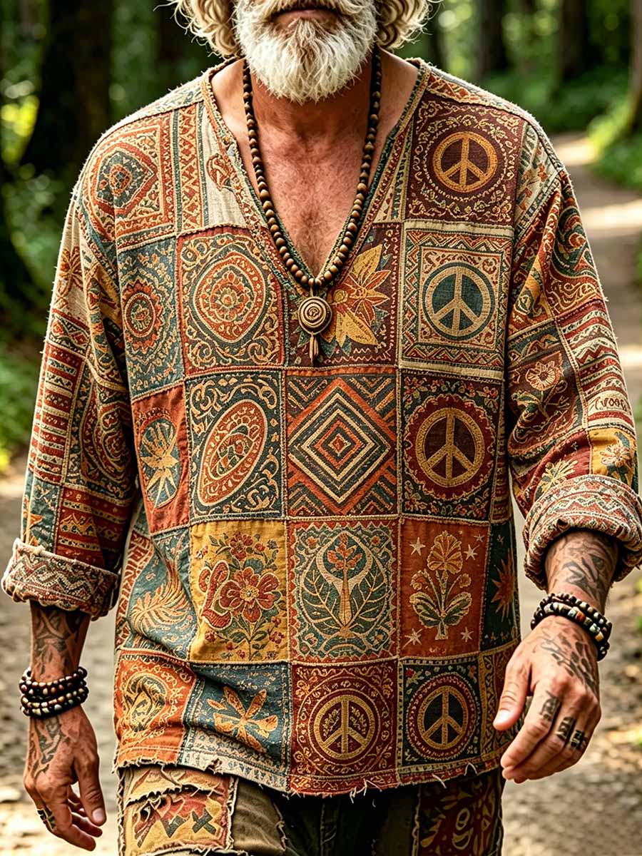 Herren-Hippie-Boho-Stil bedrucktes Freizeit-Oberteil