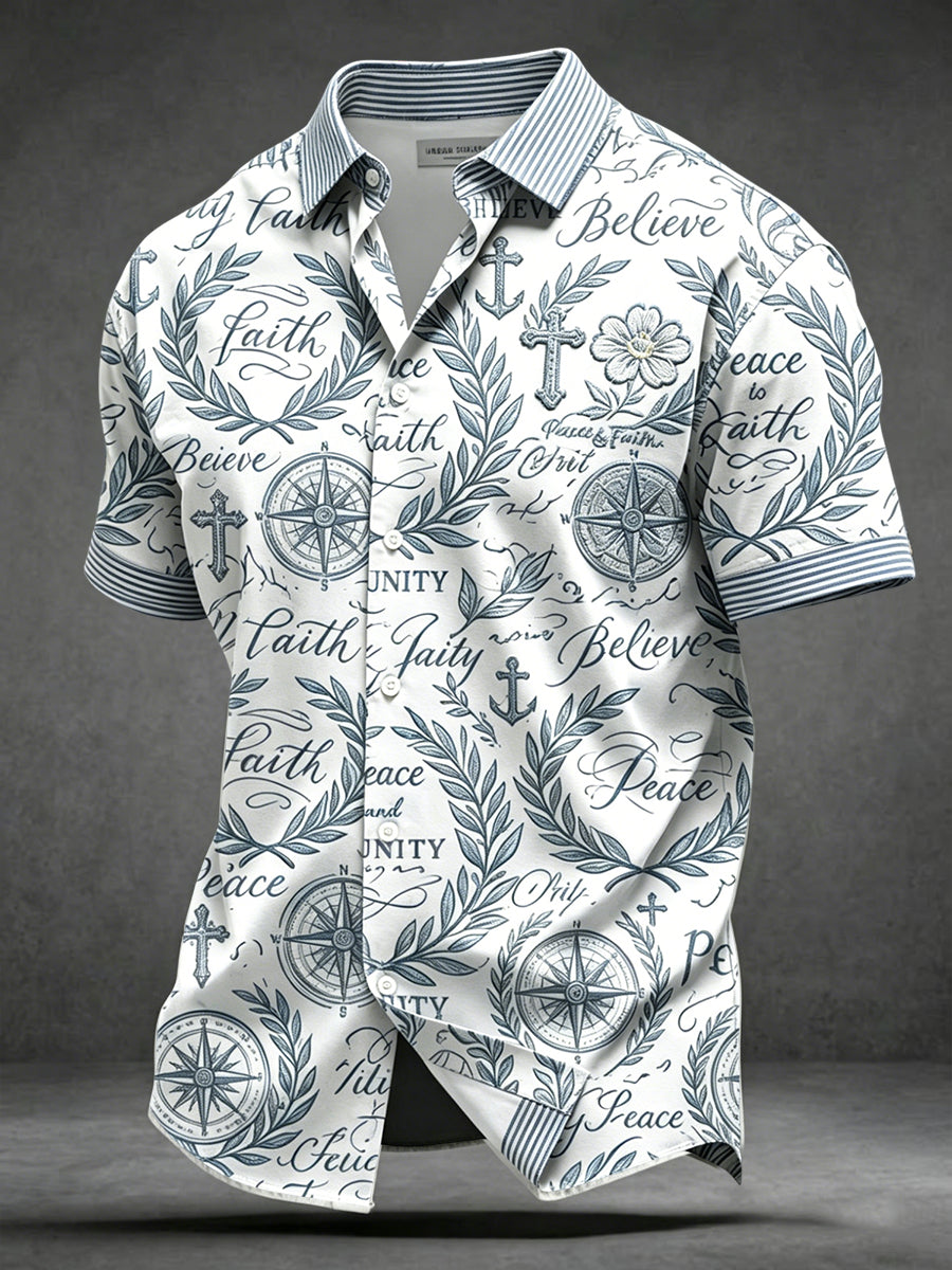 Retro Gestreiftes Patchwork "Glaube an Frieden" Casual Shirt