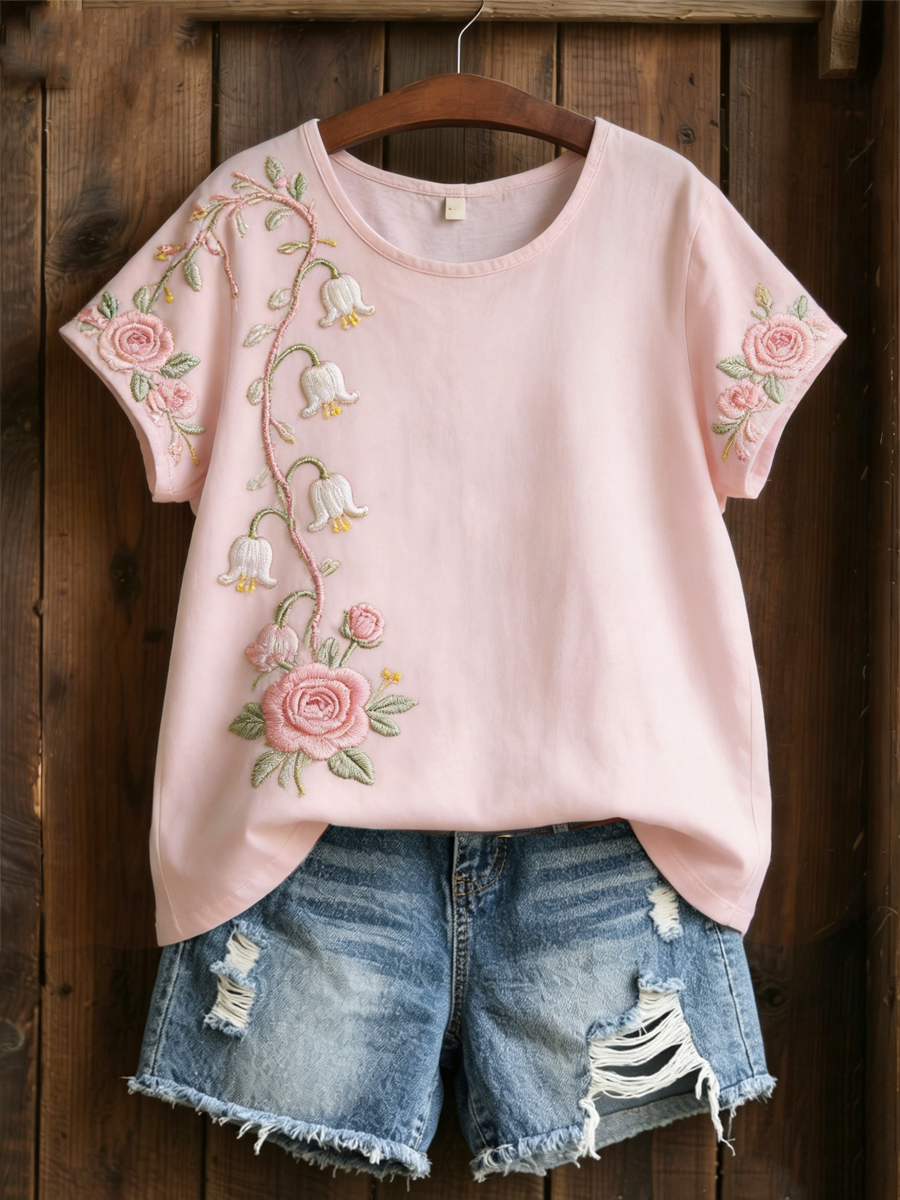 Damen-T-Shirt aus Leinen mit rosa Blumenmuster und kurzen Ärmeln