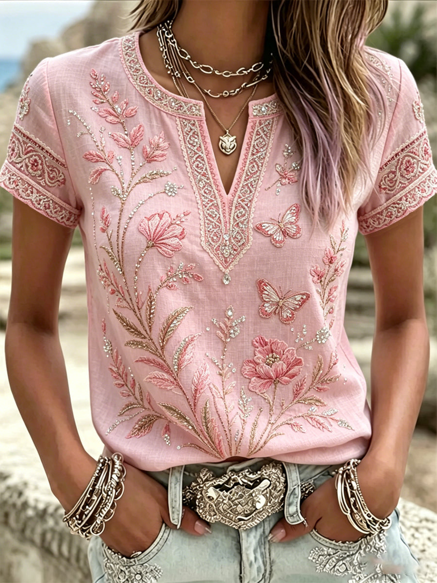 Damen-Brustkrebs-Rosa-Blumen-Print V-Ausschnitt Lässiges T-Shirt