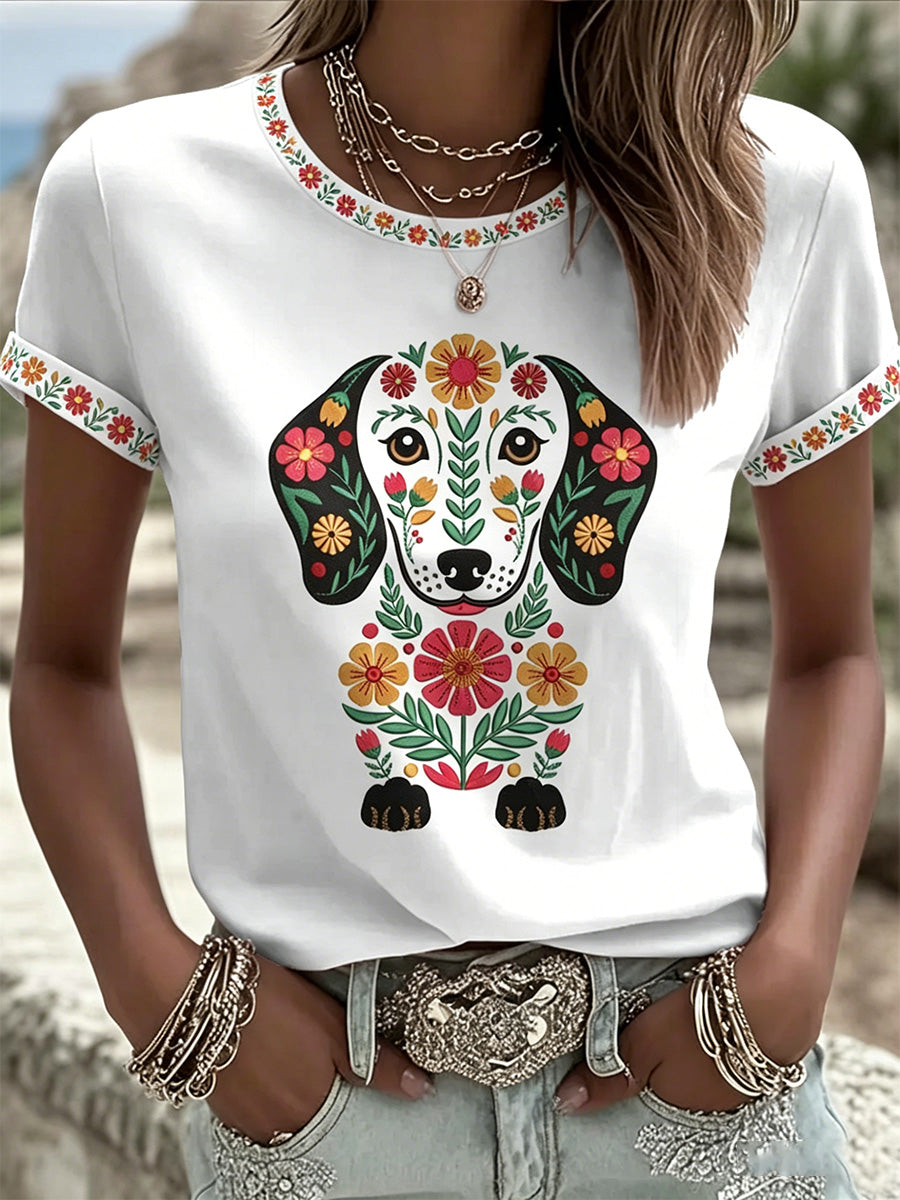 Damen-Floral-Hundemuster-Lässiges T-Shirt
