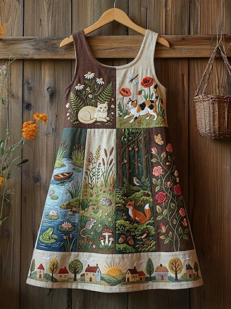 Damenkleid aus Leinen im Patchwork-Stil mit Katzen- und Blumenmuster