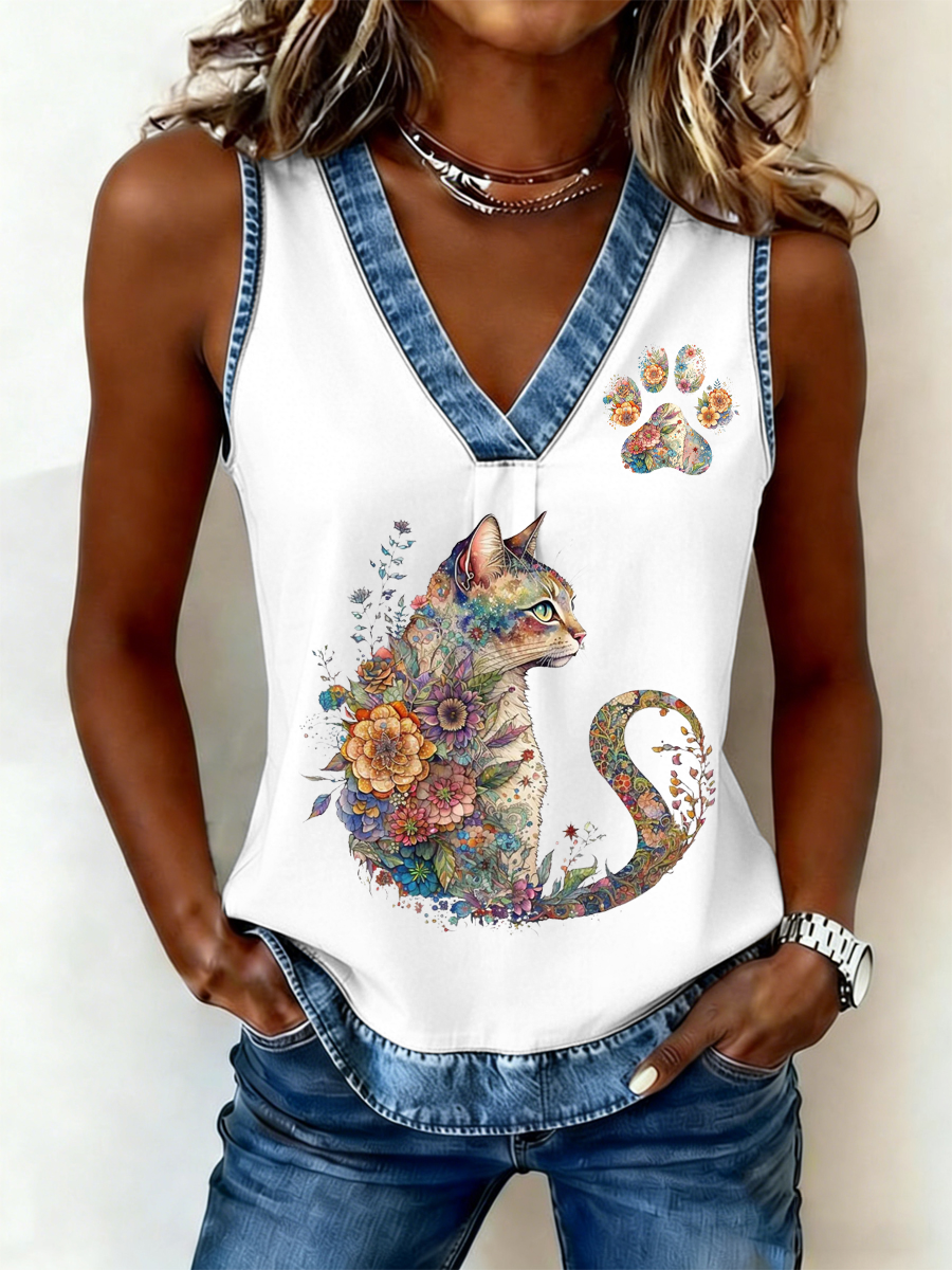 Damen Weste mit Katzen-und Blumen druck