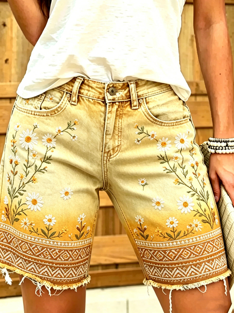 Damen Flora-Print Baumwoll-Leinen-Midihose