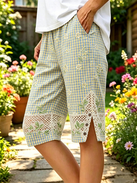 Damen Flora-Print Baumwoll-Leinen-Midihose