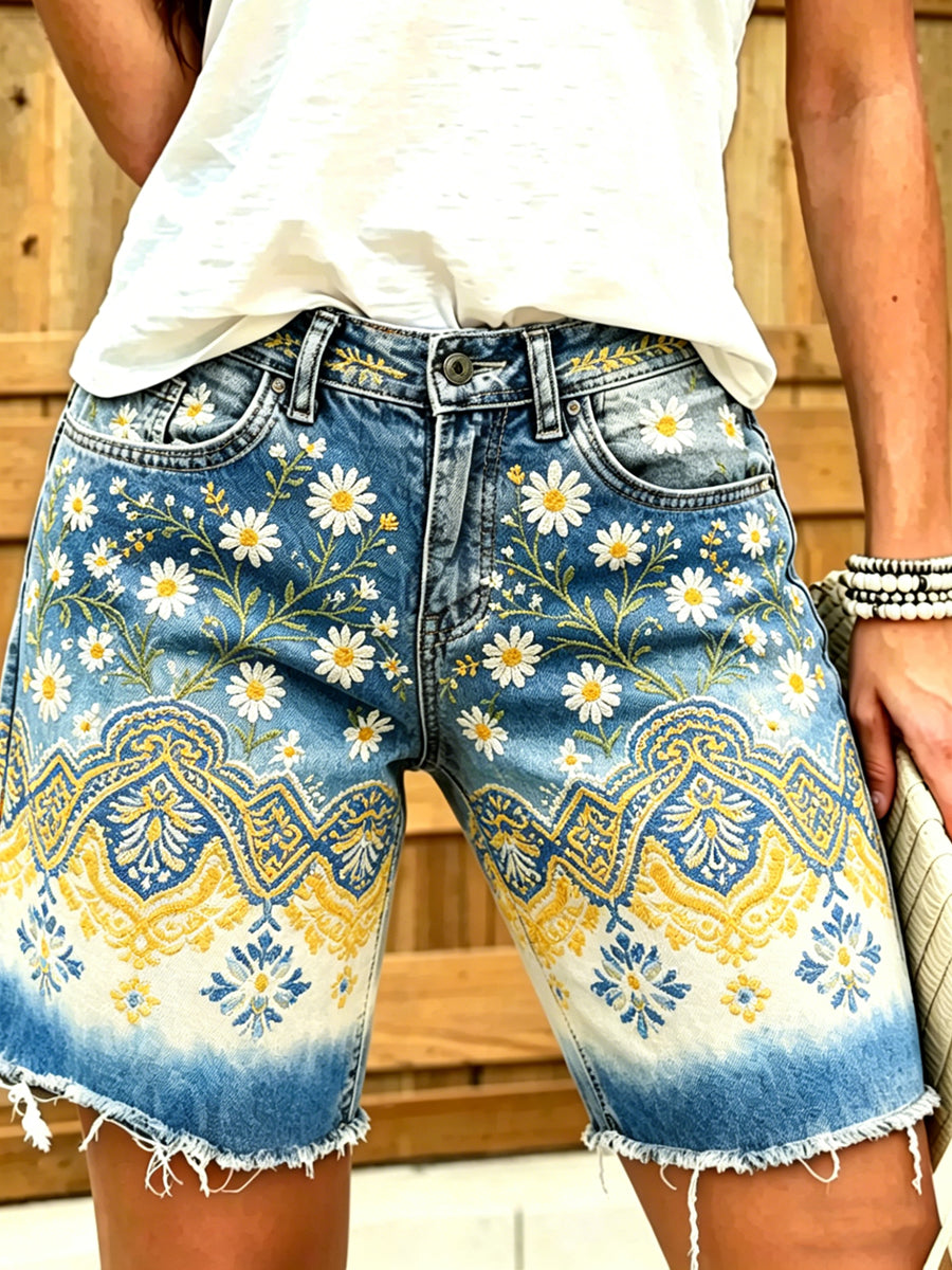Damen Flora-Print Baumwoll-Leinen-Midihose