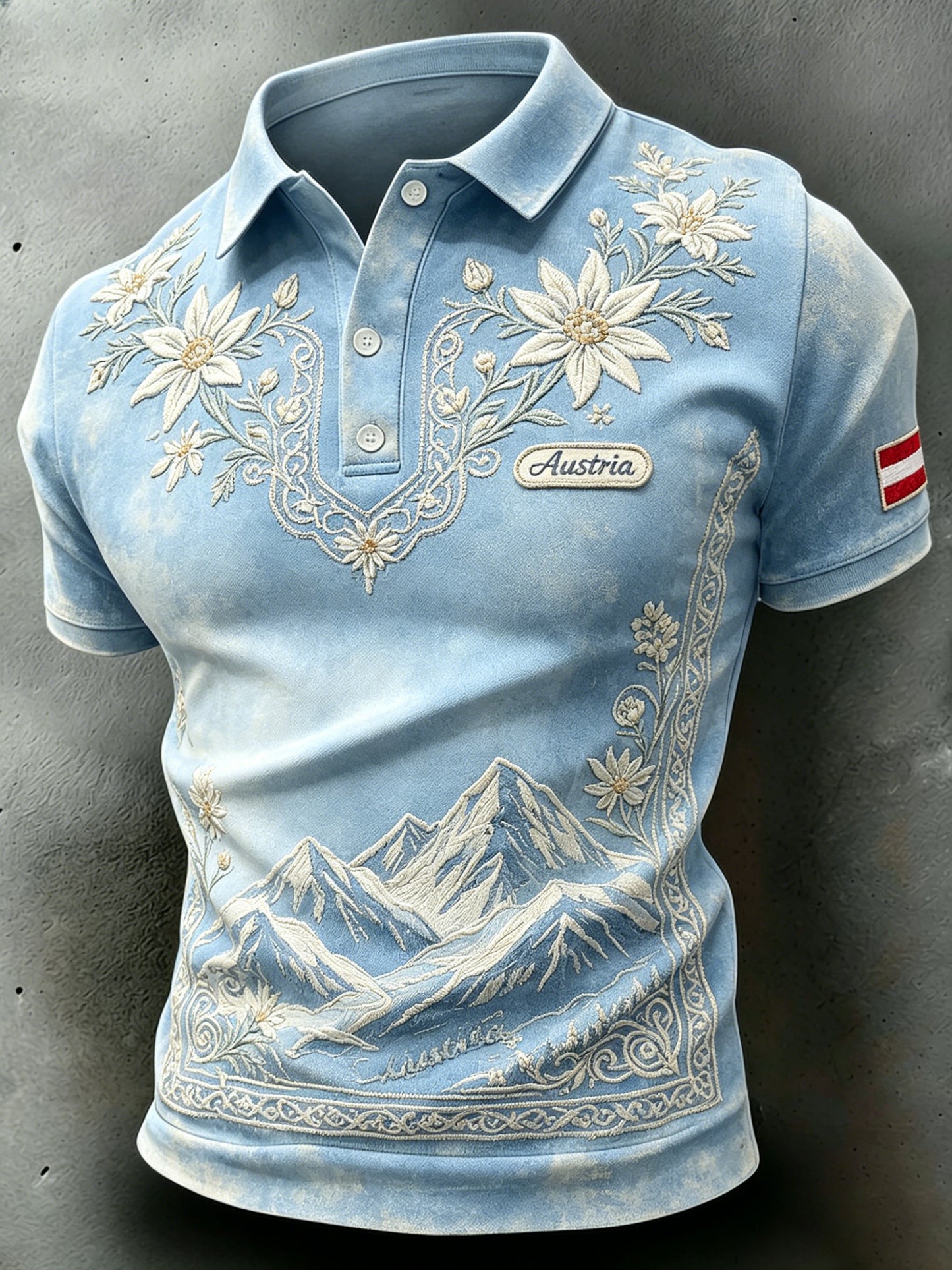Herren-Poloshirt im Vintage-Stil mit Blumen- und Schneeberg-Print, kurze Ärmel