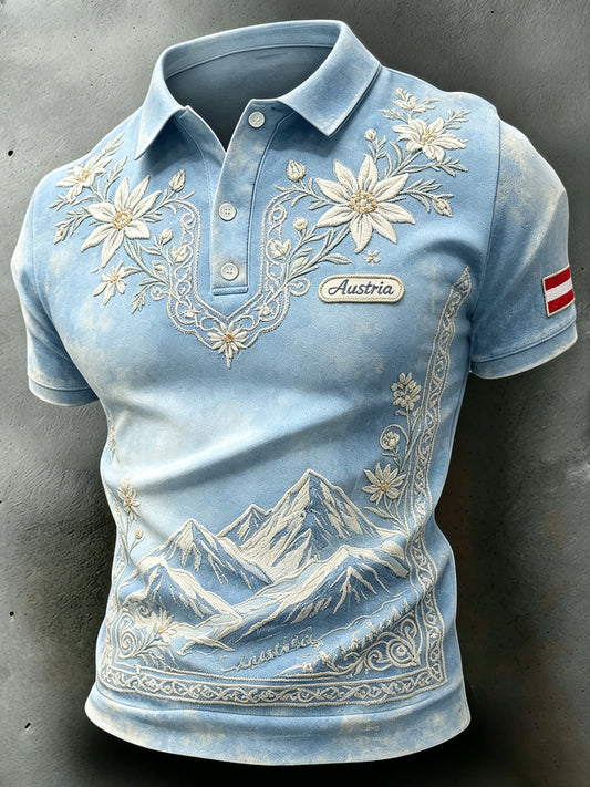Herren-Poloshirt im Vintage-Stil mit Blumen- und Schneeberg-Print, kurze Ärmel