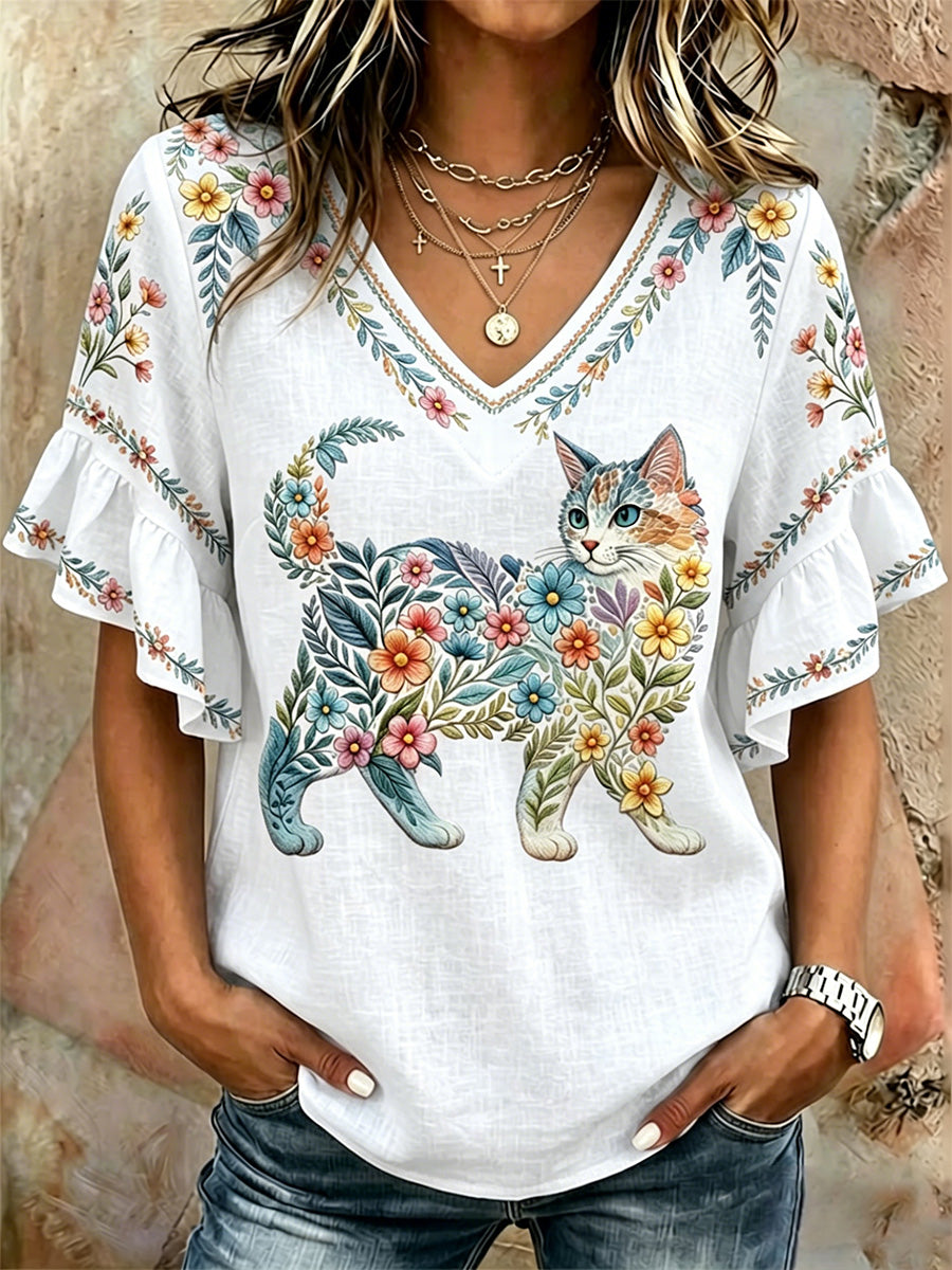 Damen-Floral-Cats-Print-Lässiges V-Ausschnitt-Top