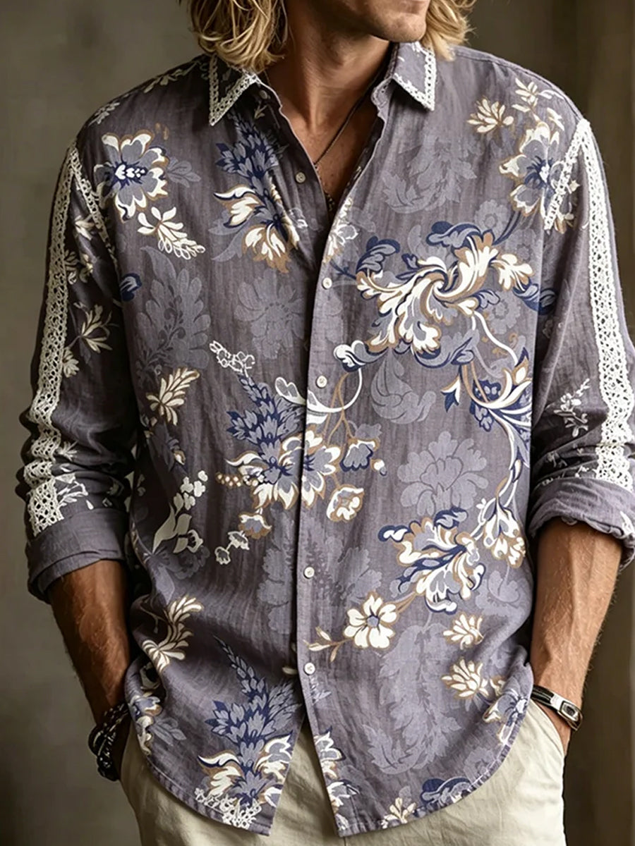 Herren-Retro-Shirt mit abstraktem Kunstprint, lässig, aus Baumwolle-Leinen-Mischgewebe