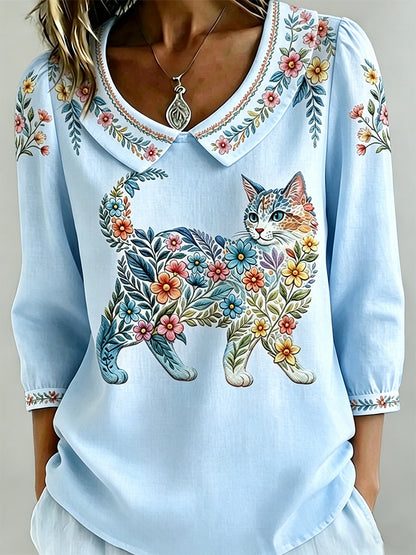 Damen-Floral-Cats-Print-Lässiges Top