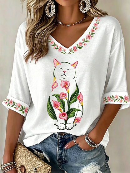 Damen Katze Blumenprint Freizeit-T-Shirt