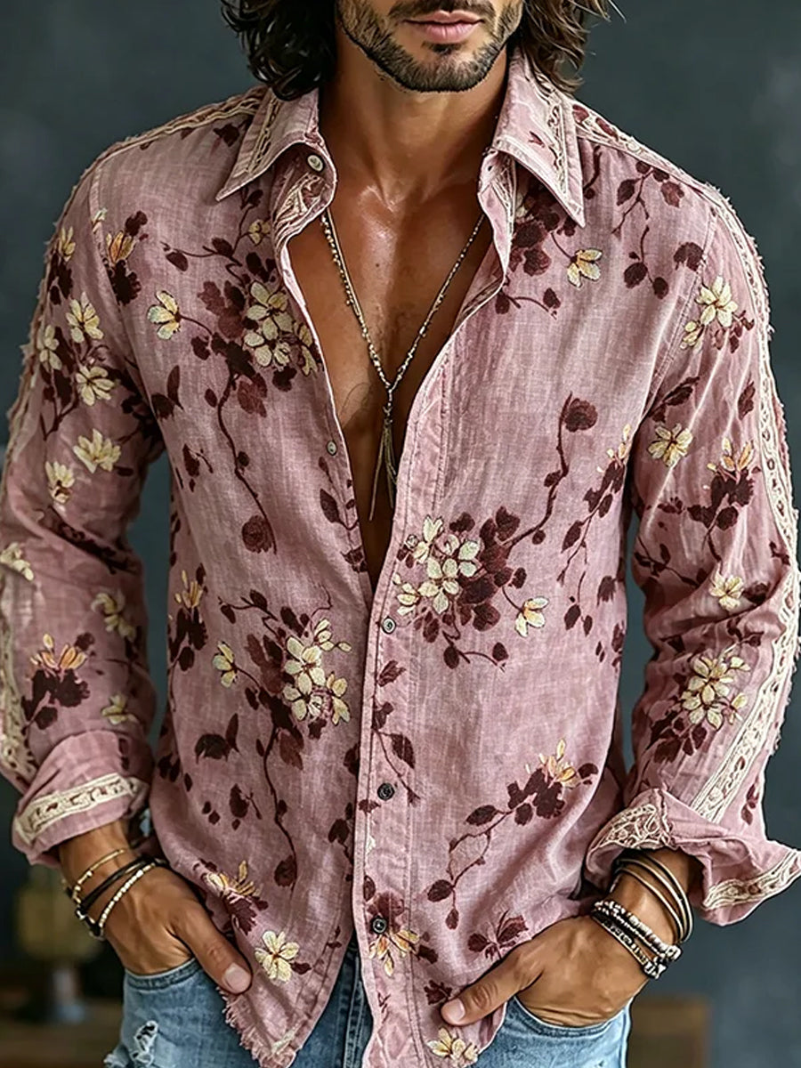 Herren-Retro-Shirt mit abstraktem Kunstprint, lässig, aus Baumwolle-Leinen-Mischgewebe