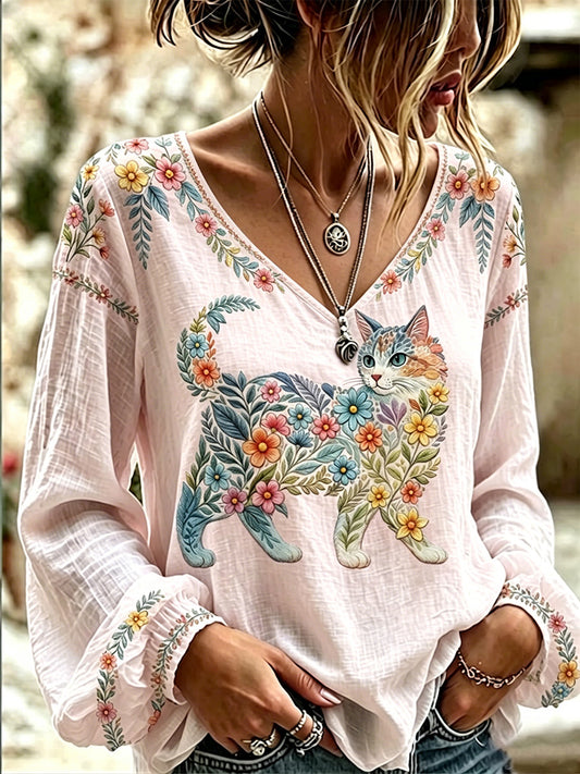 Damen-Floral-Katzen-Print Lässiges Langarm-T-Shirt mit V-Ausschnitt